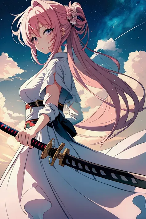 anime, modern girl, Digital art, Delicate and unstable line drawing, wielding an oversized giant katana, Modern clothing, coloful, Spectacular backdrop,