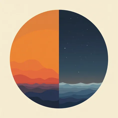 Draw a music album cover ， The pattern is the theme of a 唱片 during the day and night, but simple, less details and more shapes, with orange and blue colors.  all around in circle