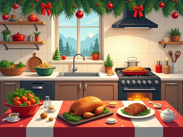 Illustration of a modern kitchen equipped with all kinds of appliances and kitchen utensils.  On the kitchen countertops there are vegetables  ,fruits and nuts .  In the center of the kitchen there is a table with a Christmas tablecloth .  Above the table ...