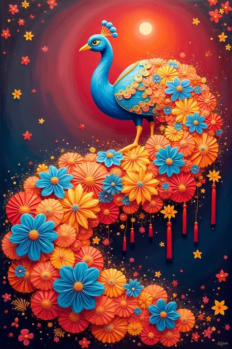 Create an acrylic painting of a peacocks tail but made of lantern festival 