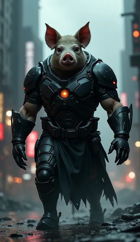 Create 32k Ultra-realistic, 200% mutated hybrid fusion of a Pig, Shadow Assassin aura, and a warrior Iron Man form, set in a dark, industrial cityscape. The creature has the stocky body of a pig, enhanced with sleek, black armor that gleams like iron, cove...