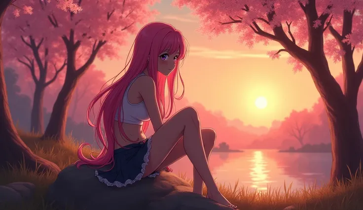 Sexy fifteen-year-old girl with long pink hair in a skirt and tank top in a cherry forest sitting on a rock during sunset 