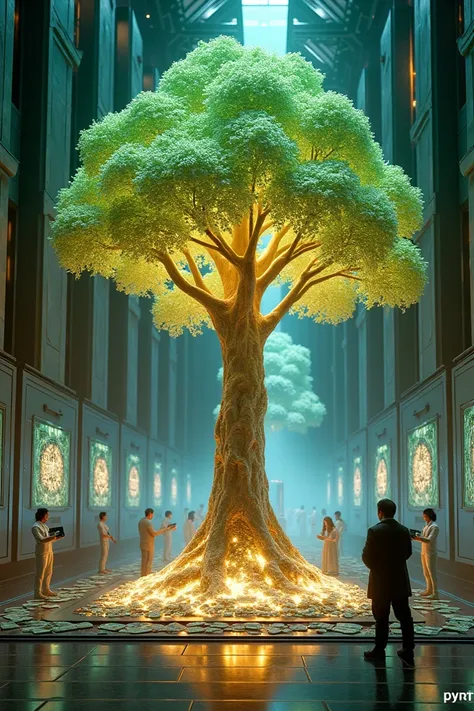 "An immersive, futuristic money lab featuring a towering artificial tree with glowing branches, its leaves shaped like intricate futuristic currency designs. The tree emits a soft green and golden glow, pulsating with life. Surrounding the tree, sleek robo...