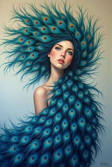 Create an acrylic painting of a womens head but made of peacocks tail 