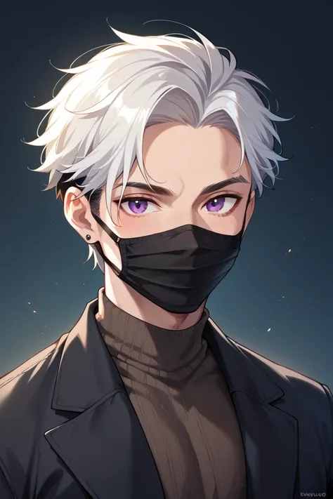 ID picture 1 guy, dark violet eyes , wearing a facemask , white hair and black hair gradient 4:3