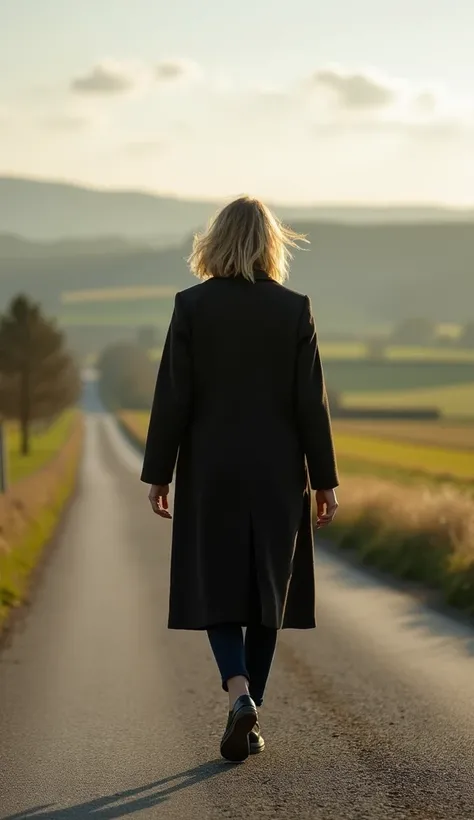 A 35-year-old woman walking along a peaceful countryside road, dressed in a long coat.