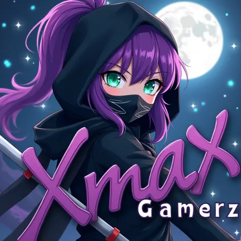 Close-up of a stylized anime girl, likely a ninja or warrior character. The character is a young woman with vibrant purple hair, styled in a long, flowing fashion. She wears dark, almost black, clothing, including a hooded cloak that covers her head and ne...