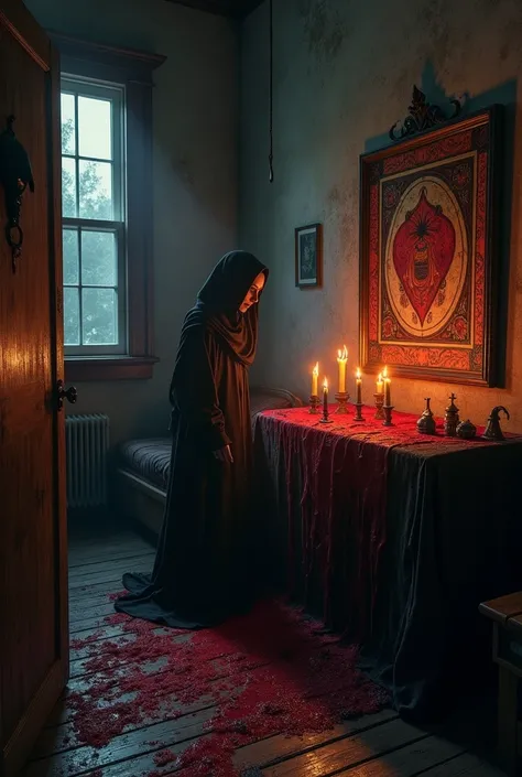  wall, a witch altar with a sacrifice, with blood , Candles,  hidden in a secret room behind the , no windows, leading from the bedroom