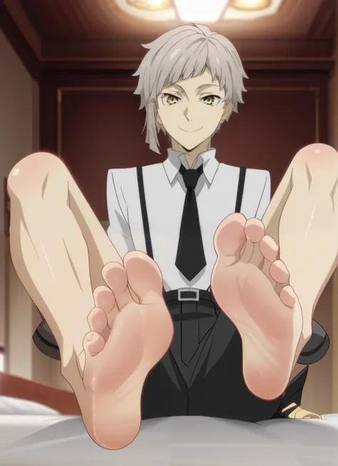 Score_9, score_8_up, source_anime, 1boy, Bungo Stray Dogs, Atsushi Nakajina, big eyes, alone, looking at viewer, in his bedroom, sitting on the bed, lifting legs to show his soles, cowboy shot, ANIME SCREENCAP, anime coloring, barefoot, perfect feet, anato...