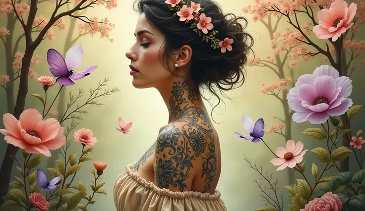 Une œuvre d’art captivante et détaillée d’une femme, debout au milieu d’un paysage mystique et éthéré aux couleurs crémeuses et aux tons de terre. Elle est ornée de tatouages ornés complexes qui ressemblent à des fleurs de couleur crème, et de divers motif...