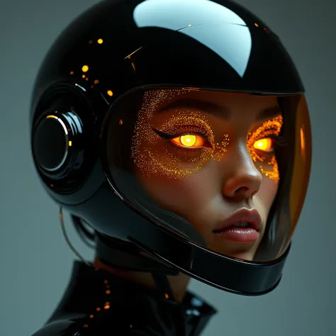 Woman wearing a cyberpunk style shiny black helmet with robotic features, the reflection on her face is made of glowing golden wires with intricate details, hyper realistic photography in the style of editorial pose, photorealistic, 8k, high render