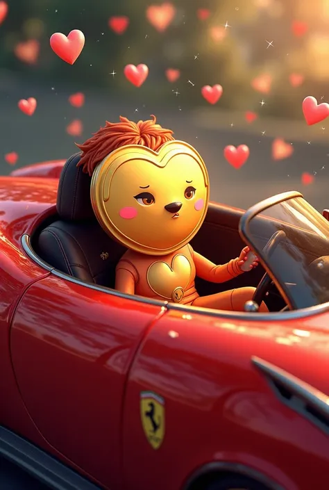 Create an illustration of a mascot that looks like a coin and has a heart as a face sitting in Ferrari and a woman sitting next to him and he rains sparkles and hearts