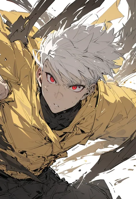 Midly Muscular man fantasy clothes, white short hair, red eyes, yellow jacket, black cargo pant, intricate pencil sketch, expressive eyes and nose and mouth, un-zoom, highly detailed, dynamic pose, white background, armless sleeve 