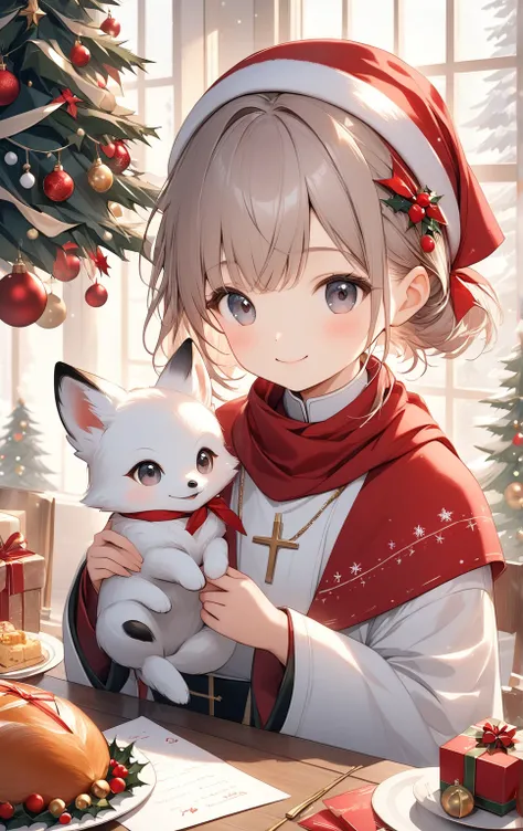   masterpiece :1.2， top quality，      high definition    ，8ｋ，  christmas illustration，Christmas food  ，   white baby fox ，   Letter with a small red bandana wrapped around the neck  、cute,  Priest ,     Details，   professional photography，  happy expressio...