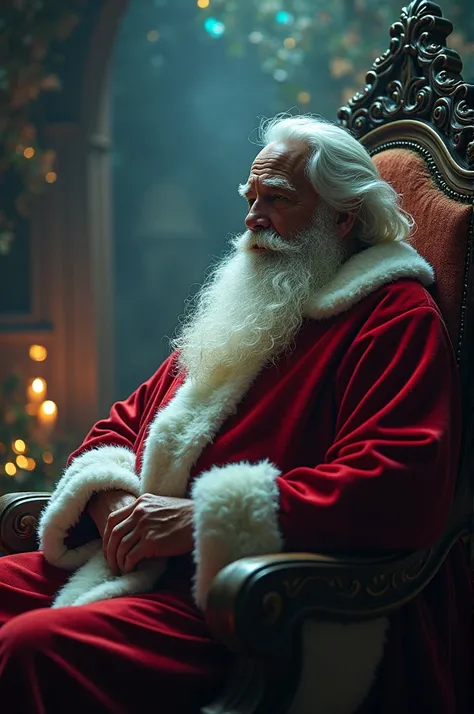 Majestic Santa Claus siting peacefully inside a fantasy dark room with magical lights around 