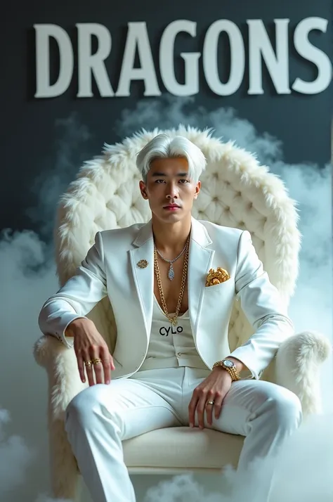 a stylish matured White short hair and tightly eyes handsomely cute Korean boy with pale, sitting casually on a luxurious white cloud throne feathers chair  in the middle, wearing a white and gold suit, gold ring, silver necklace with printed name CYLO, lo...