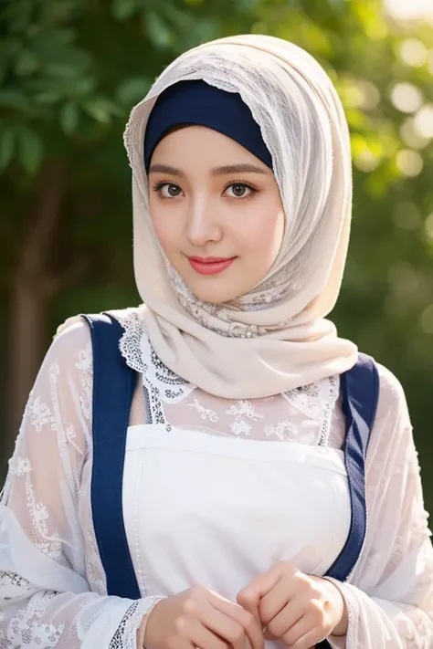 top-quality, white long detailed hijabi,Bewitching face, hinese teen model,long lashes,Wearing a colorful (naked_apron),Hide your mouth with a lace cloth,Detailed details,Colossal tits,sideboobs,stares at the camera