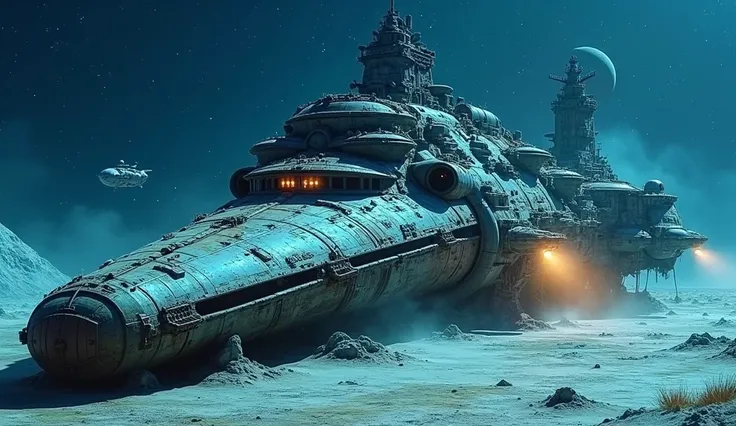  Image of an ancient and enormous spaceship , destroyed and rusted on a planet .  The starry sky and outer space ,  are seen in a dark scene illuminated by the spotlights of a small ship that floats next to the destroyed ship.