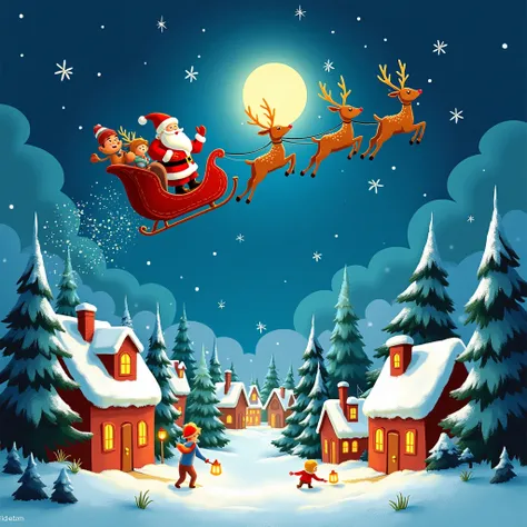 A whimsical Christmas illustration featuring Santa Claus flying across a moonlit sky in his sleigh, pulled by reindeer, with twinkling stars and magical trails of sparkling dust. Below, a picturesque snowy village with warmly lit houses, ren playing in the...