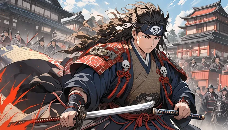 Create an anime-style illustration of a male samurai with long, flowing, wavy hair, facing forward and holding a sword.
He wears a headband on his forehead, decorated with various accessories such as a cross and a skull. He wears a geometric samurai outfit...