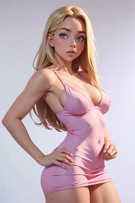 Sydney Sweeney,  long blond hair, Blue eyes, mini pink dress ,  white background,  front view,  looking at the camera , Sexy pose slim athletic body very big buttocks very big breasts nipples stand out 