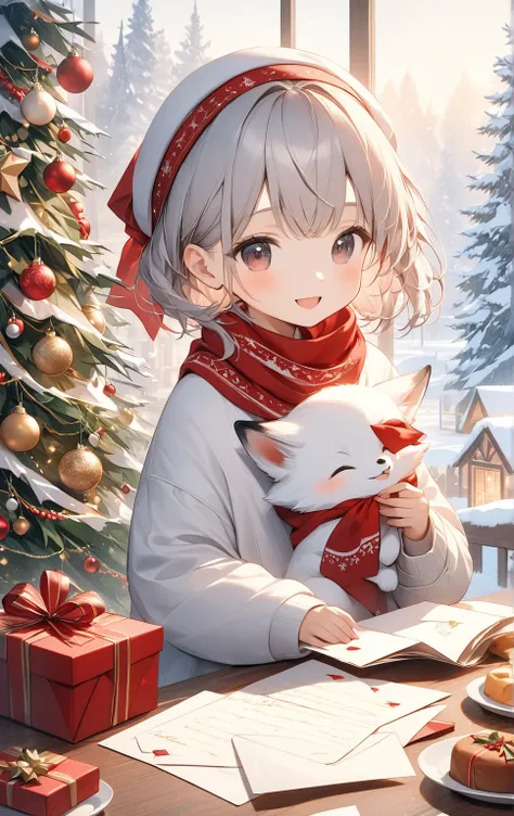   masterpiece :1.2， top quality，      high definition    ，8ｋ，  christmas illustration，Christmas food  ，   white baby fox ，   Letter with a small red bandana wrapped around the neck  、cute,  Priest ,     Details，   professional photography，  happy expressio...