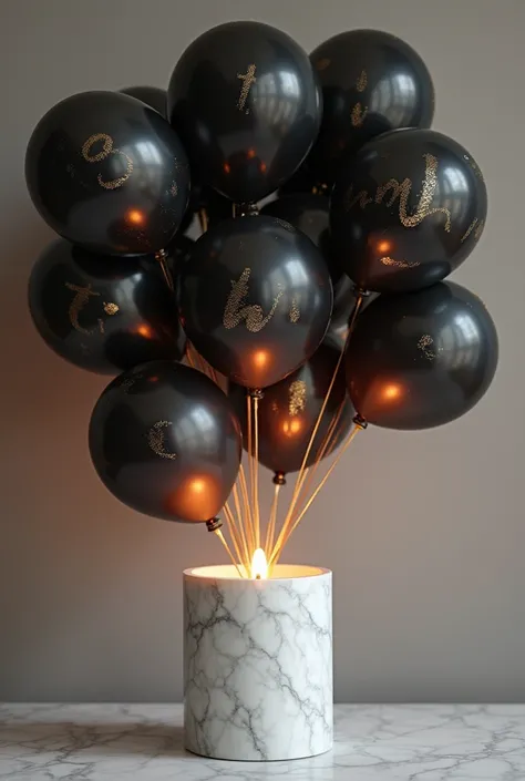 créer une guirlande de gros ballons noir en forme de lettres. Avec ces lettres noires  il est écrit : "BRILLANT CANDLES ".
 Y ajouter devant une bougie allumée dans un pot en  marbre blanc . Image réaliste 4d