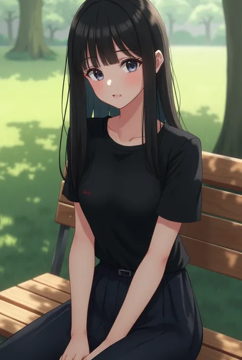 A girl, ((cute face)), side bangs, black hair, wearing black t-shirt with logo, wearing long skirt, ((medium breasts)), sitting on a bench, ((white skin)), ((true skin)), (high quality), photorealistic