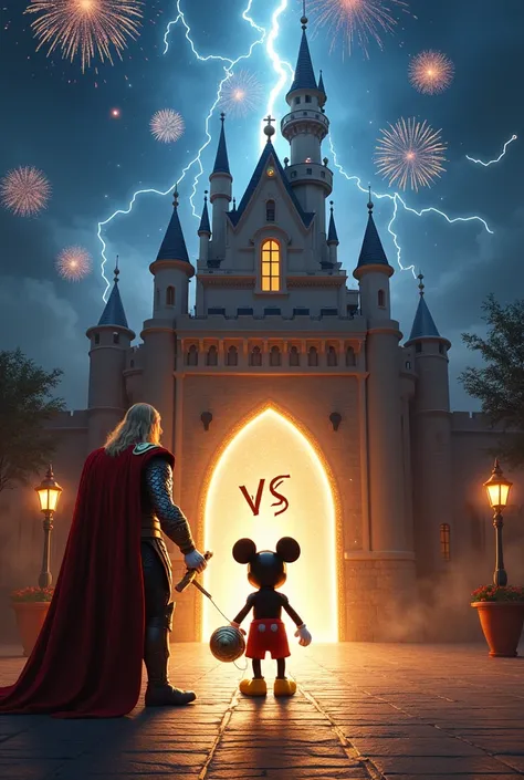 "In a magical castle courtyard filled with swirling sparkles and enchantments, Thor strides forward, Mjolnir glowing with divine lightning. His golden armor gleams as he approaches the mouse-shaped gates of the castle. Below, Mickey Mouse stands confidentl...