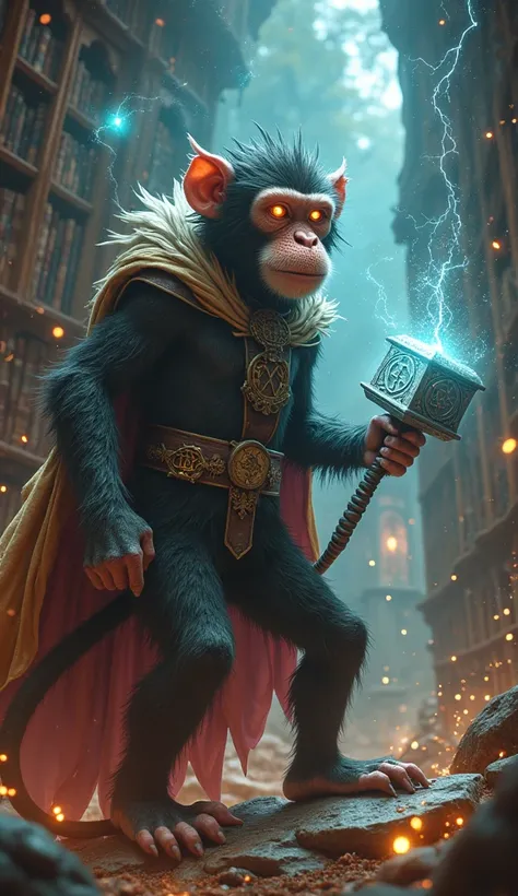 Create 32k Ultra-realistic, 200% mutated hybrid fusion of a Monkey, Arcane Scholar aura, and a warrior Thor form, set in an enchanted library amidst swirling arcane energy. The creature has the agile, lithe body of a monkey, its fur crackling with mystical...