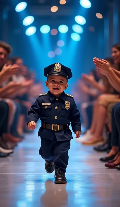 An ultra-realistic image of an adorable, smiling baby confidently walking down a glamorous, brilliantly lit runway, dressed in a stylish police officer costume. The costume features a polished badge, a perfectly fitted cap, and a tailored mini-uniform with...