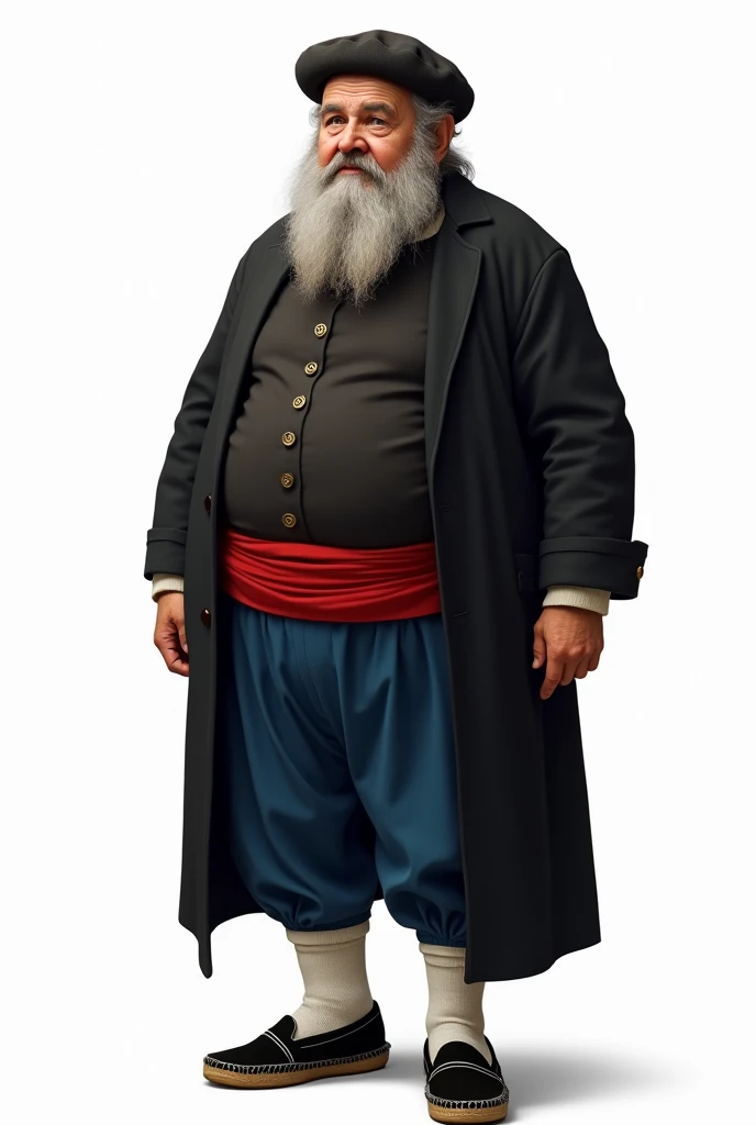  Realistic image on a white background of a fat man with gray hair and beard . Basque beret over the head .  Long black blouse over white shirt .  Red sash over blue pants half hidden by the black blouse .  White wool socks over the pants and black espadri...