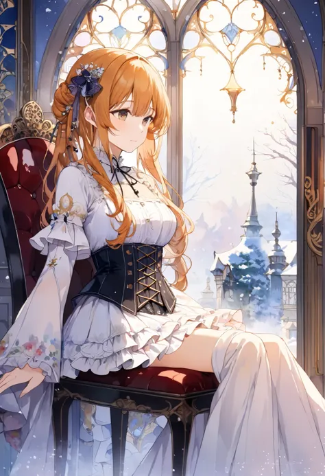    Attractive young woman reading a book in front of the fireplace   、     knight 、,(((watercolor))),  (((gothic))), ,she was adorned with hair accessories、, wavy golden hair 。    Ruffled mini skirt, sheの表情は自然だ,   With a quiet expression  . she wore a dres...