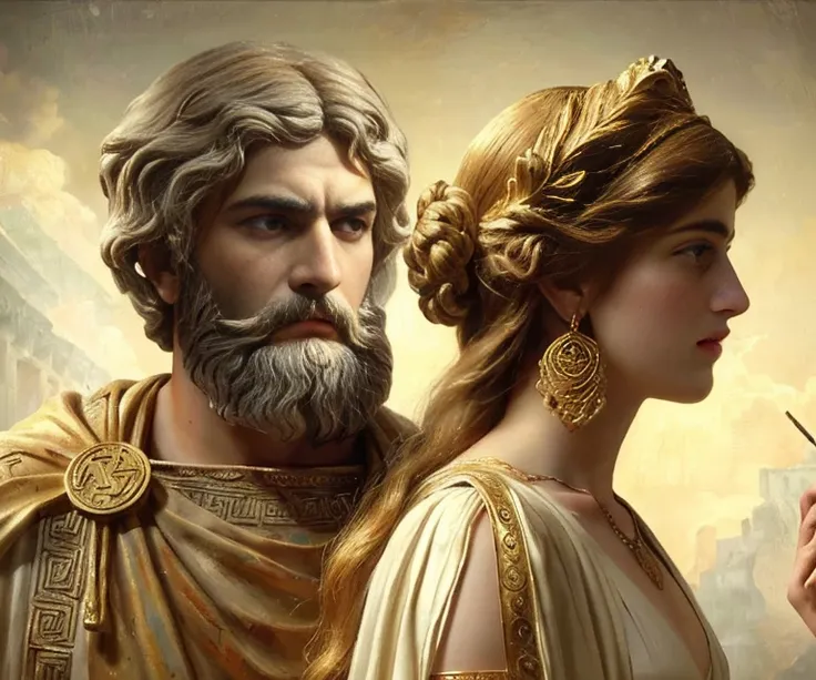  shaggy painting of a man and a woman with a beard,  Greek mythology  characters, Ancient Greek  style, godlike and stoic, classical Ancient Greek  art, greek gods,  classicist art style , Ancient Greek , stoic, stoic and calm, by Pogus Cesar,  Greek mytho...