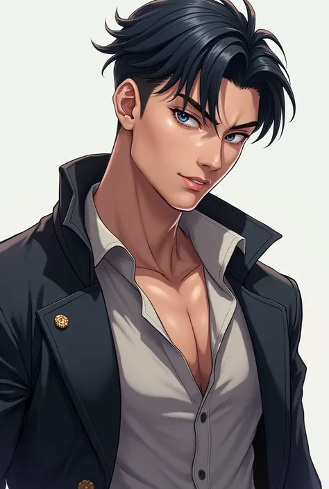 Anime man blue eyes black hair sidepart korean muscle