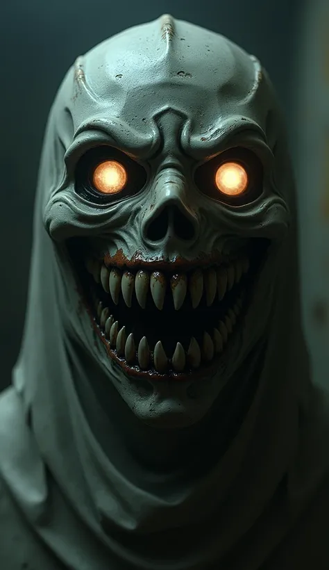 A close-up of the mask now with a sinister, toothy grin. Its hollow eyes glow faintly as shadows stretch toward it. The room behind Clara begins to distort, with walls warping inward as if the mask is altering reality.