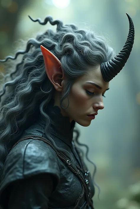  With curly hair completed with gray locks with a horn 
