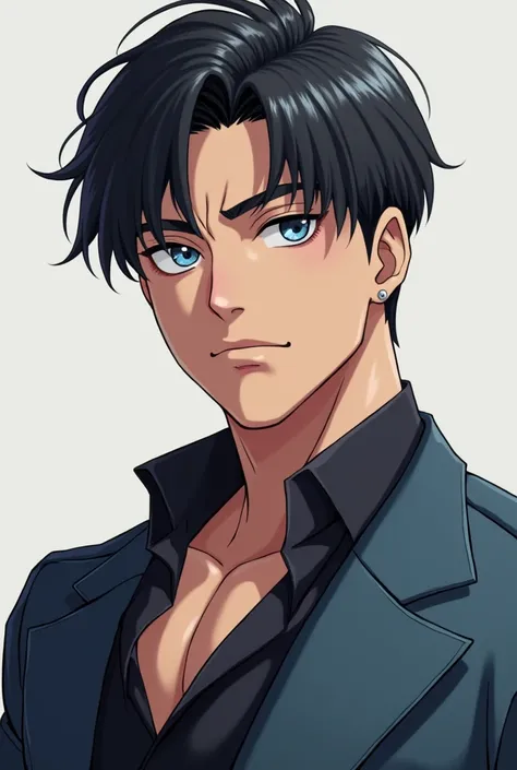 Anime man blue eyes black hair sidepart korean muscle