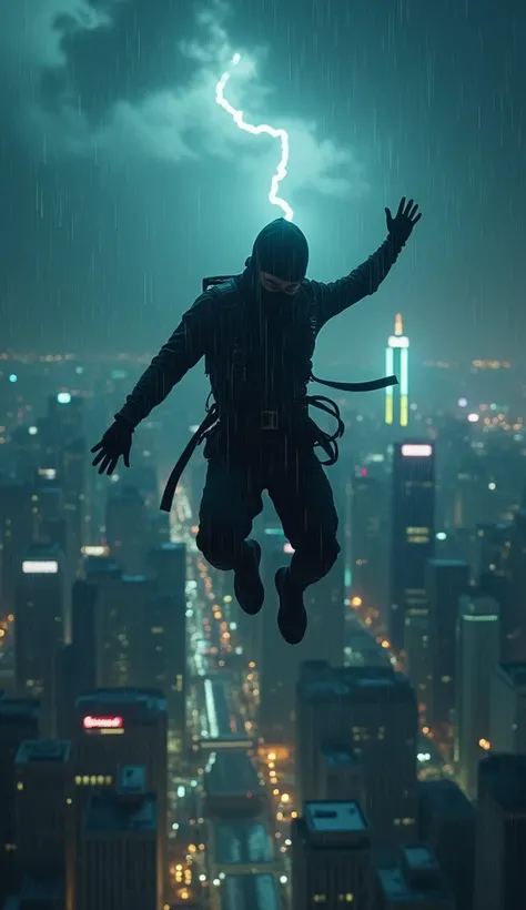 The camera captures a breathtaking wide-angle shot as the ninja jumps into the dark void without a parachute. His figure freefalls gracefully amidst the roaring storm clouds. Tokyo Cyber City’s neon skyline emerges in the background, glowing like a futuris...