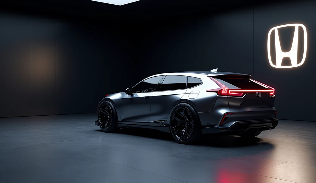 Design a sleek, 2025 honda CR-Vdisplayed in an elegant showroom back view with black ambient lighting and a prominent car brand logo on the wall.