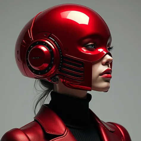 Woman wearing a cyberpunk style shiny red helmet with robotic features, hyper realistic photography in the style of editorial pose, photorealistic, 8k, high render