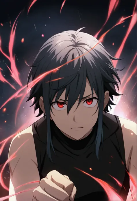 1boy, short hair, two short locks falling in front of his face, navy hair, disordered hair, red eyes, black sleeveless turtleneck t-shirt, CG, apathetic expression, solo