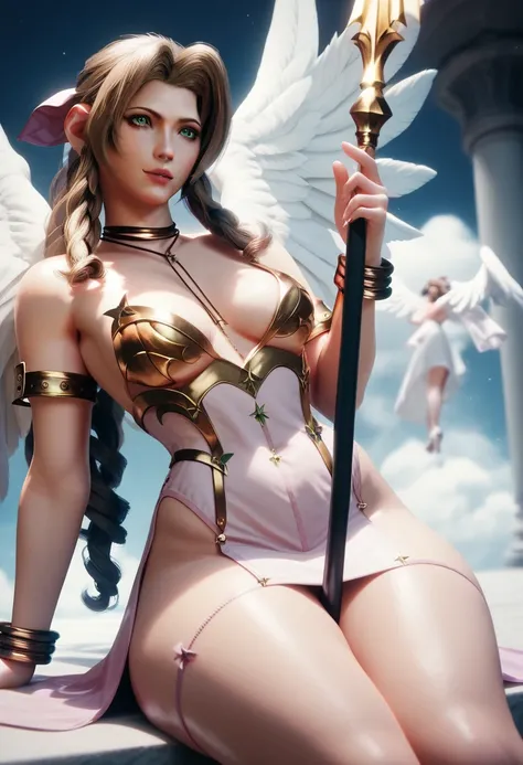  Aerith big curly hair green eyes medium breasts healed abdomen thick thighs healed two naked angel wings in paradise moon in paradise white angel wings thick thighs defined sexy gold armor with a fire spear in her hand a white tonic short white dress