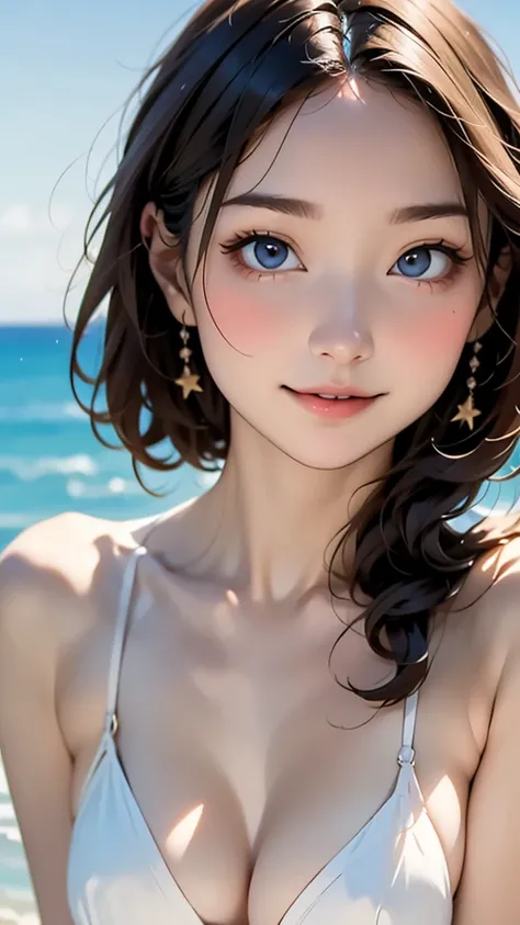 (masterpiece, best quality:1.3), 8k, official art, raw photo, absurdres, delicate girl, (close up, cute face:1.2), white bikini, cinch waist, large breasts, bangs, violaceaess, gardeniass, (solo, beach, horizon, beautiful sea, sky, sunny day:0.8), (simple ...