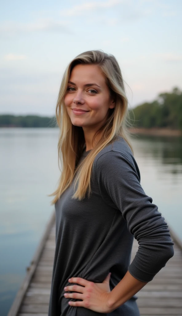 A 37-year-old woman posing on a wooden pier overlooking a calm lake, dressed in a long-sleeve top.