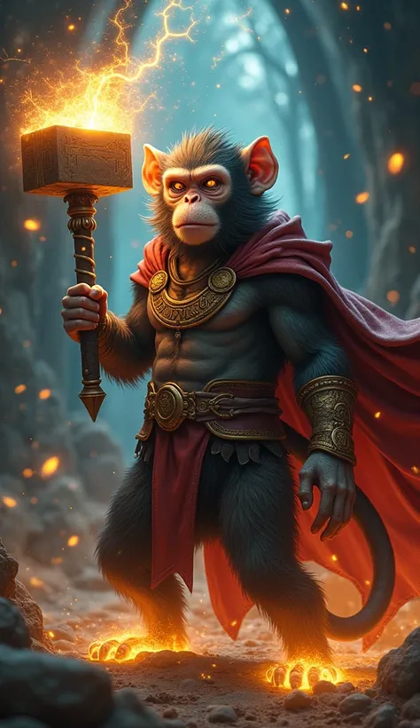 Create 32k Ultra-realistic, 200% mutated hybrid fusion of a Monkey, Arcane Scholar aura, and a warrior Thor form, set in an enchanted library amidst swirling arcane energy. The creature has the agile, lithe body of a monkey, its fur crackling with mystical...