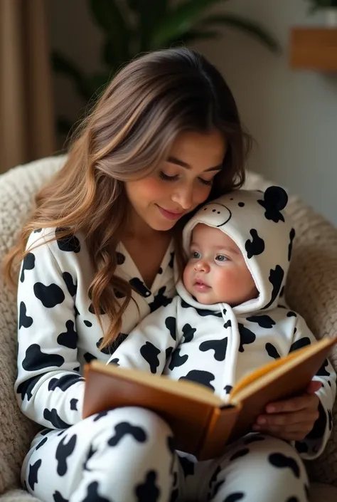 Une maman en pyjama vache noir et blanc qui lit un livre assise à son bébé en pyjama vache noir et blanc avec une capuche vache en lui caressant la tête en hyperréalisme en dirait une vrai photo