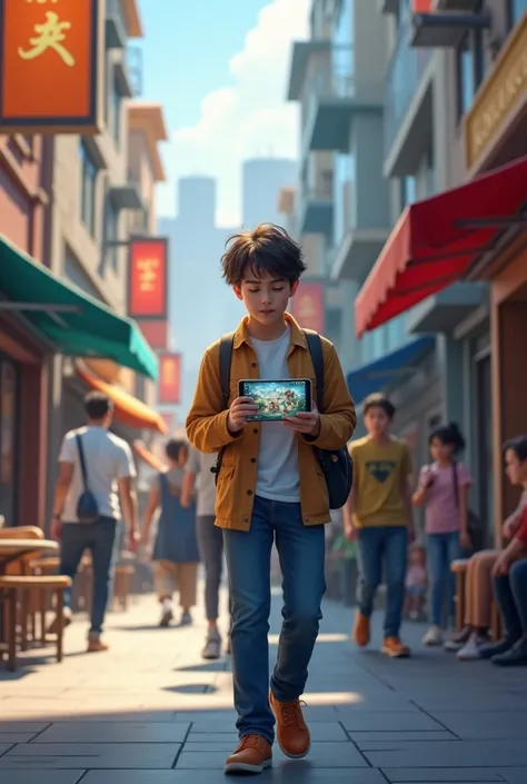 Brother playing games on a tablet while walking on a pedestrian street
Display game screen and game score on the street