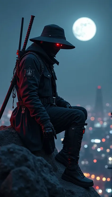 ninja shinobi cyberpunk cyborg robot .sitting on top of the mountain next to the temple.muslos grandes, at night, Yasuke.Ninja wearing a hat. moonligh,cyborg shinobi. Eyes red, devil mask, Raby. the dark night. Equipped with a sword on his back. Katana is ...