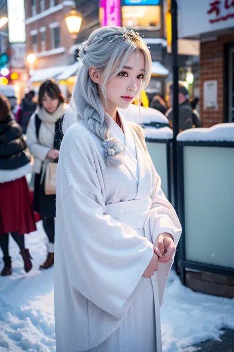 Snow Woman　 White Kimono　 Silver Hair　 pretty girl　 standing　long hair
frontal　Snow Scene